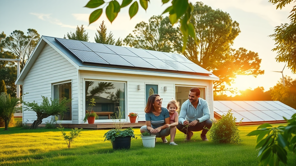 Modern Australian prefab home with solar panels and wind turbines, family gardening, showing energy efficiency of modular building.