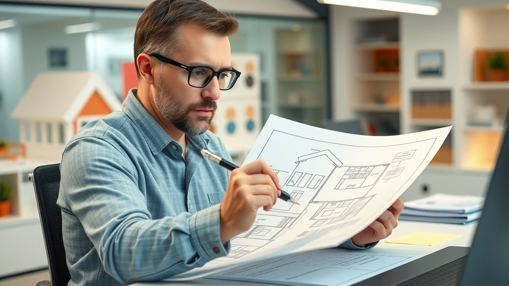 Creative architect at desk, reviewing and sketching customizable SIPs modular home layouts for owner builders. Model homes and design swatches shown.