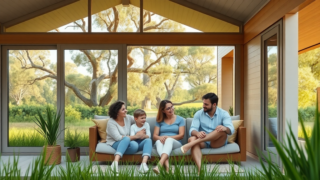Eco-friendly Australian modular home exterior, family enjoying comfort indoors, illustrating energy efficient SIPs construction with lush green landscape and large windows.