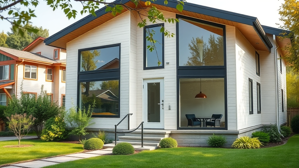 modern sips home construction financing - detailed structural insulated panel home with large windows in a lush suburban setting, sustainable architecture
