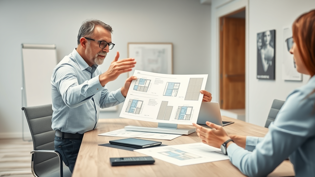 Architect consulting with client on SIPS panel design for fire-safe building strategies