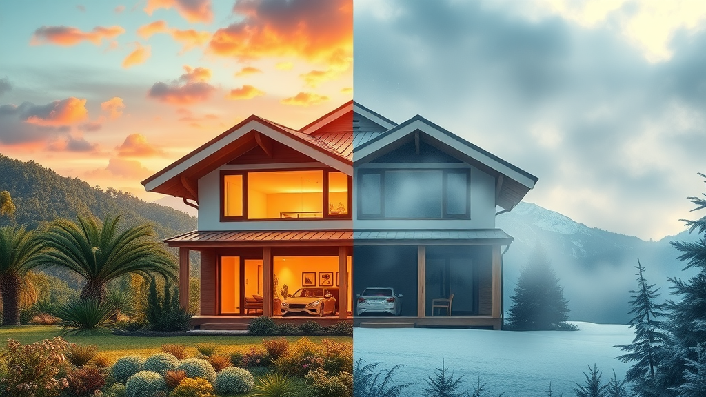split illustration showing two SIPS-built homes: one in a warm, sunny, tropical Australian region and one in a cool, misty Alpine area, comparison of guide for ventilation systems for SIPS more airtight homes, ventilation strategies