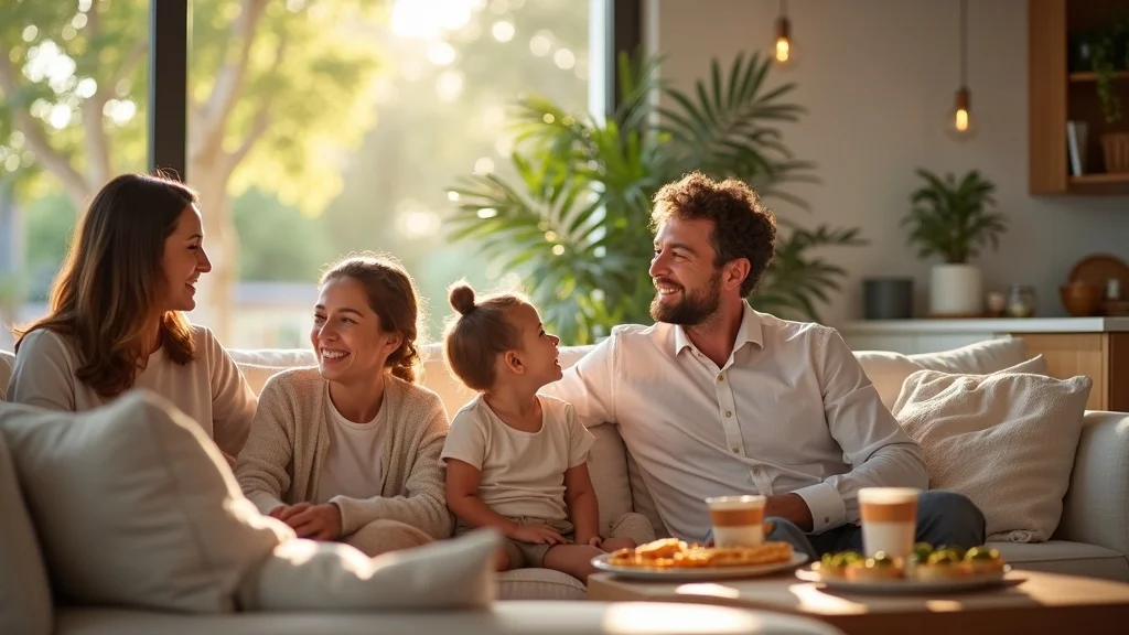 Welcoming SIPS granny flat living room with multigenerational family enjoying modern space